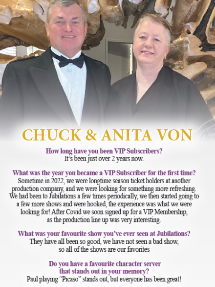 Two people posing in formal attire under 'VIP Spotlight' with text discussing their experiences as subscribers.