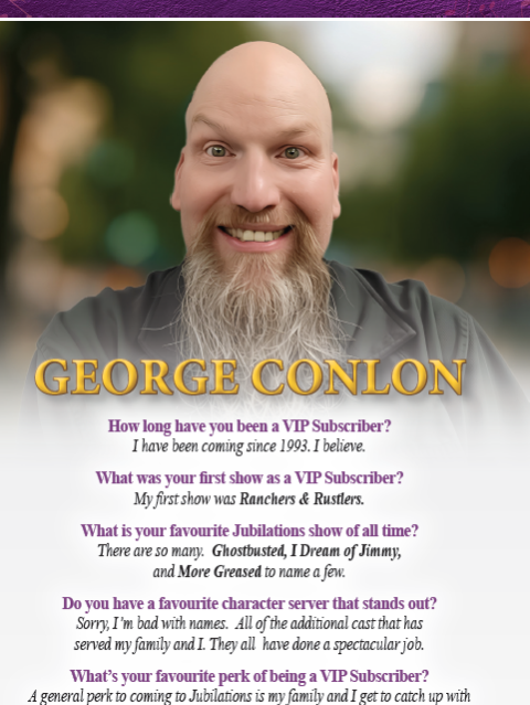 Poster with title 'VIP Spotlight', image of a man, and text interview about his favorite Jubilation shows and VIP perks.