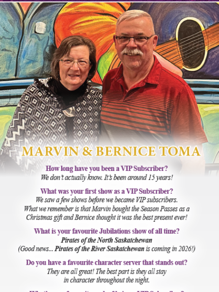 Couple posing in front of a colorful backdrop with text about their VIP subscription.