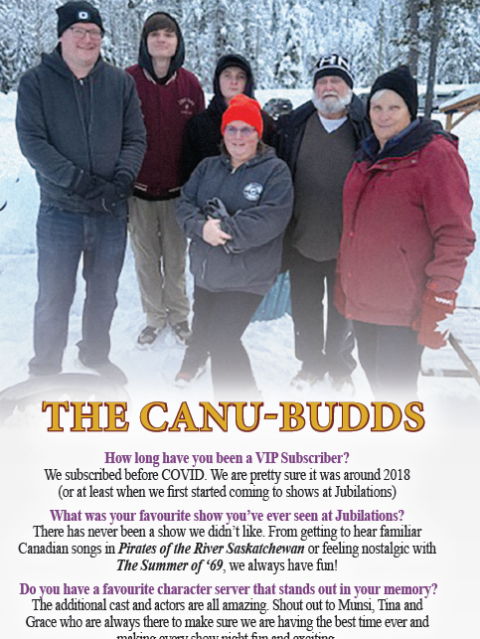 Group of people in winter clothing standing outdoors in a snowy forest, with text about VIP spotlight and The Canu-Budds.