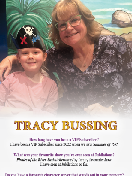Woman and child smiling, child wearing pirate hat under 'VIP Spotlight' in purple banner.