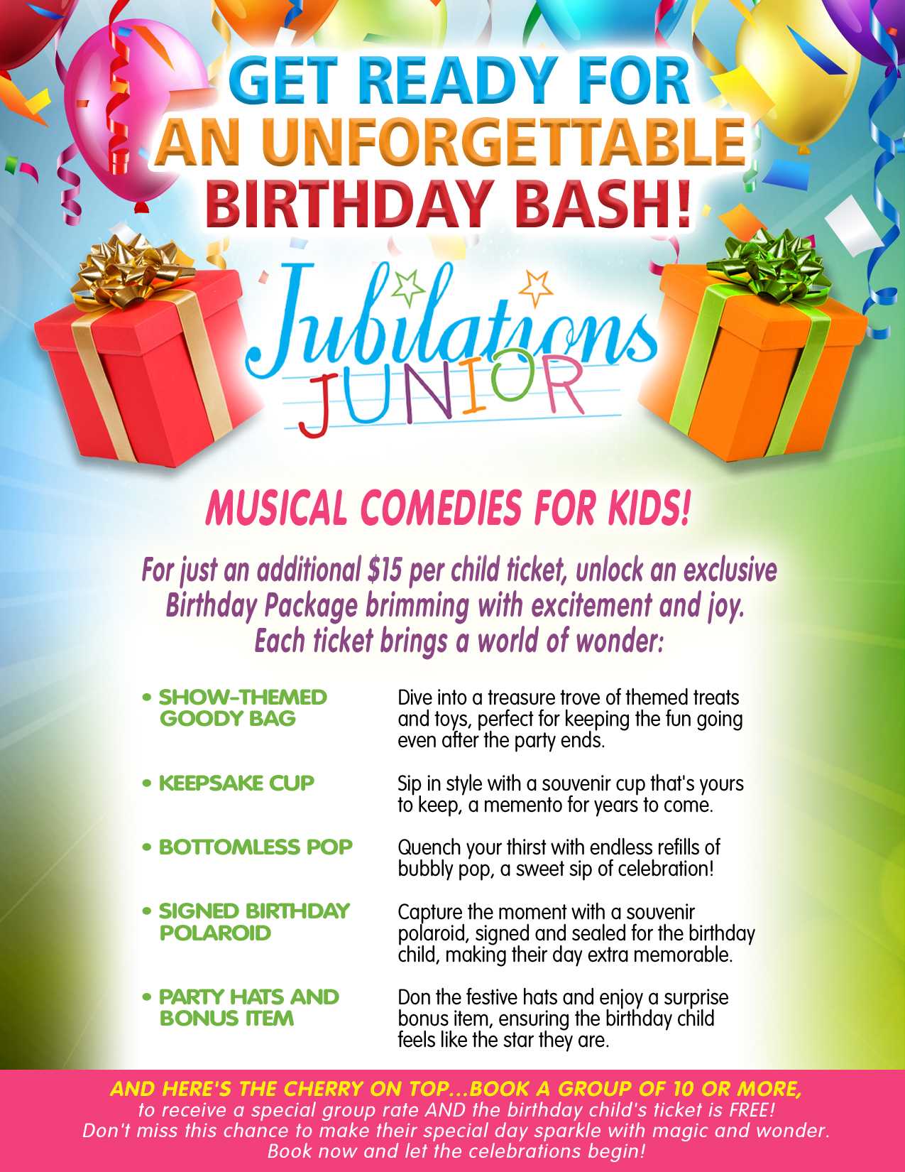 Colorful birthday party ad with balloons, gifts, and promo details for Jubilation Junior's musical comedies for kids.