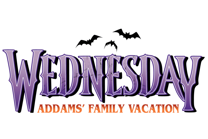 Purple text 'Wednesday' with bats, 'Addams' Family Vacation' in orange below.
