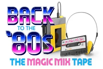 Retro cassette player and tape with 'Back to the '80s' text.