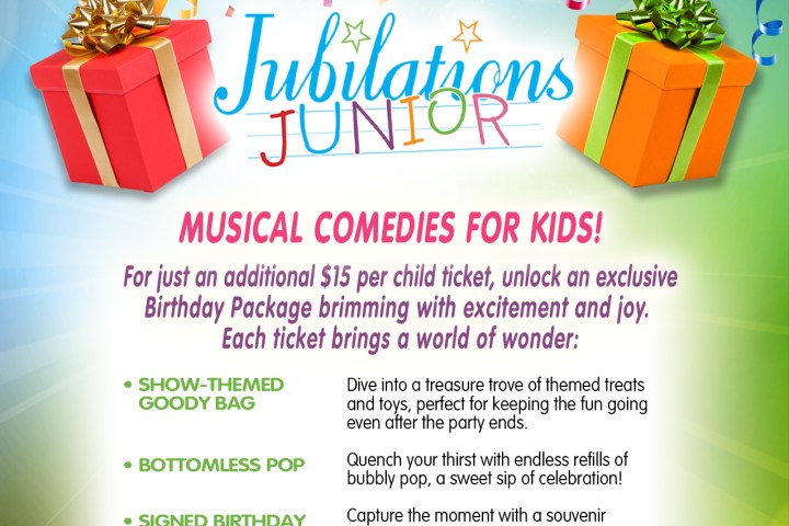 Birthday bash flyer with gifts, balloons, and colorful text about children's musical comedies.