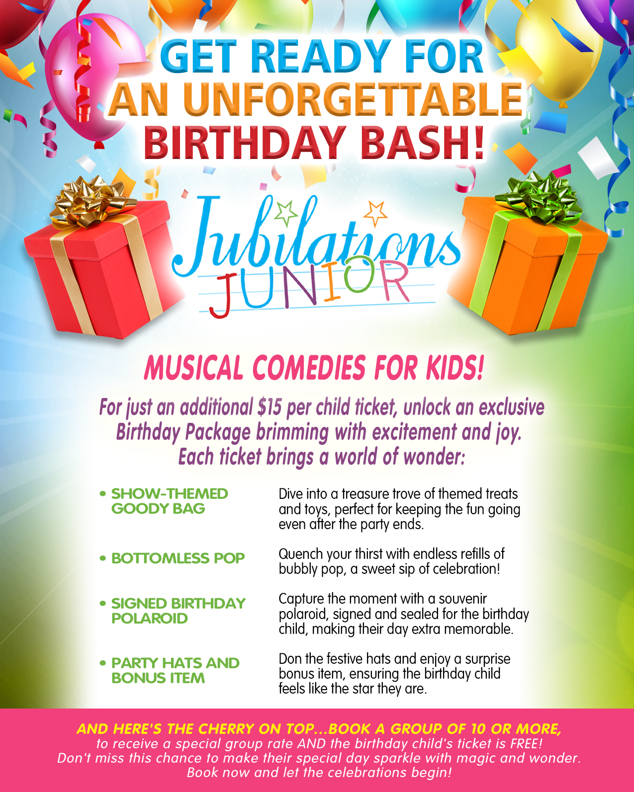 Birthday bash flyer with gifts, balloons, and colorful text about children's musical comedies.