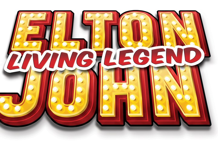 Bold text reading 'Elton John Living Legend' with lights.
